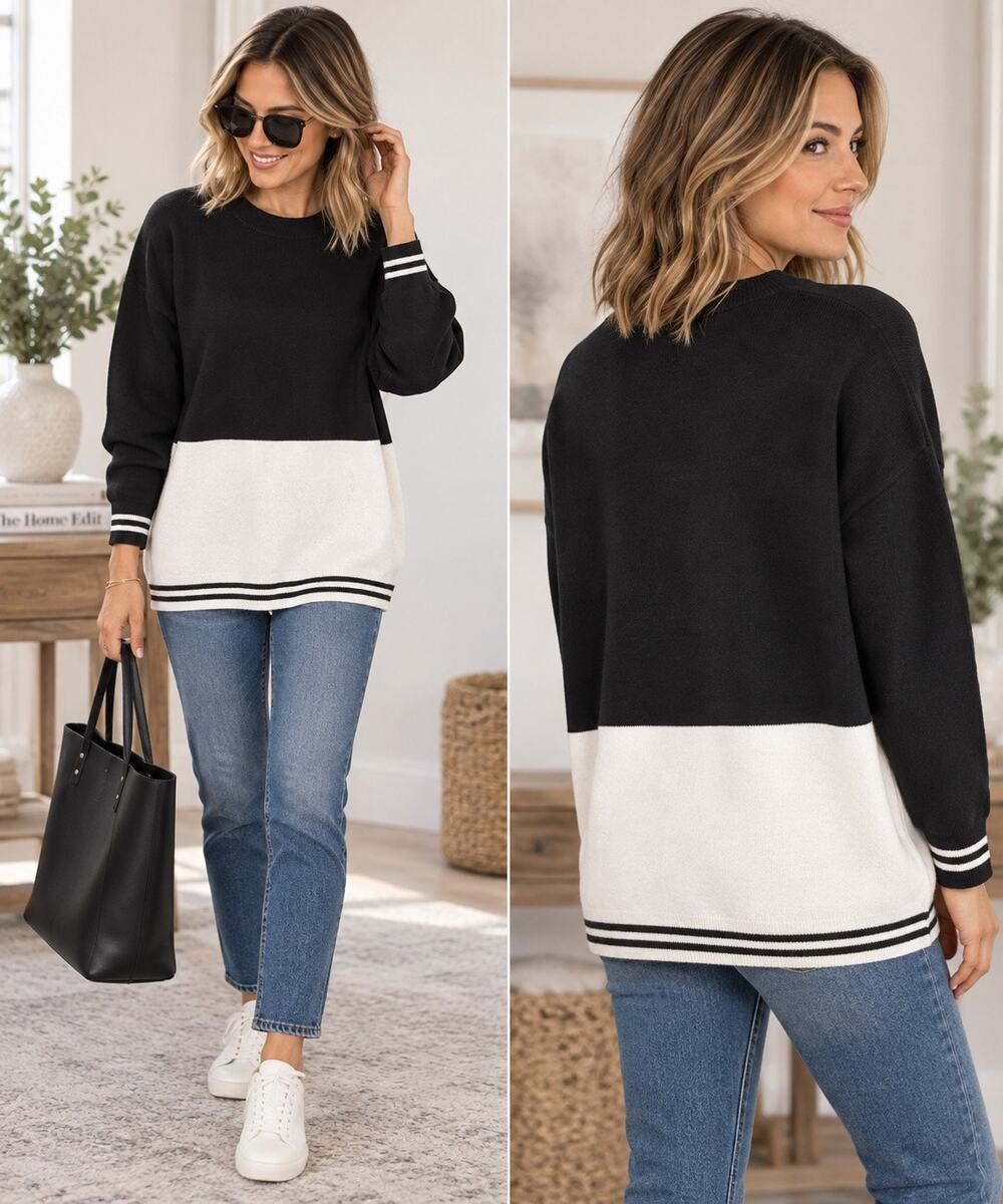 MNG Mango Black White Colorblock Oversized Longline Sweater Tunic Top L NWOT